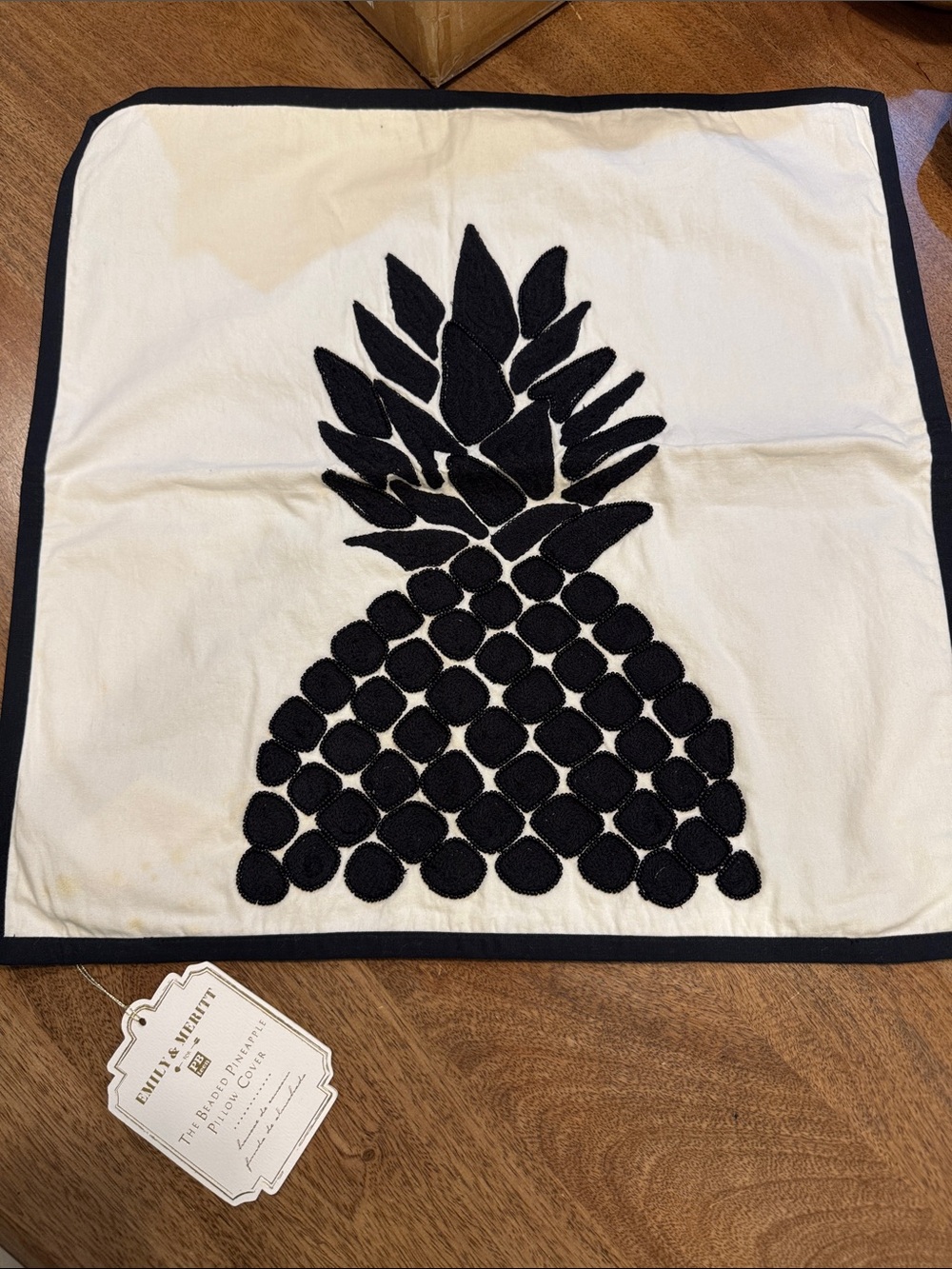 Emily & Merritt PBTeen Black Pineapple Appliqué Pillow Cover - cream NWT -